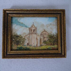 Vintage Miniature Oil Painting Landscape Church Gold Frame Signed Original